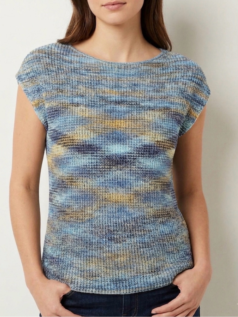 Tribal Blue & Tan Multi-Pattern Knit Cap Sleeve Top tiy dye